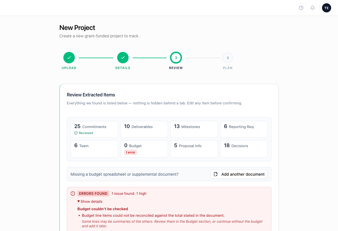 HelmPilot Review Extracted Items screen showing commitments, deliverables, milestones, and other items pulled from a proposal, with a flagged budget reconciliation error