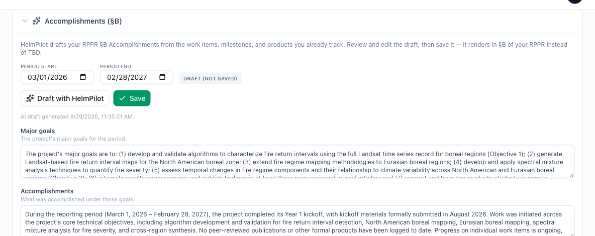 HelmPilot RPPR Accomplishments section showing an AI-drafted report narrative generated from tracked milestones and objectives, marked draft and not yet saved